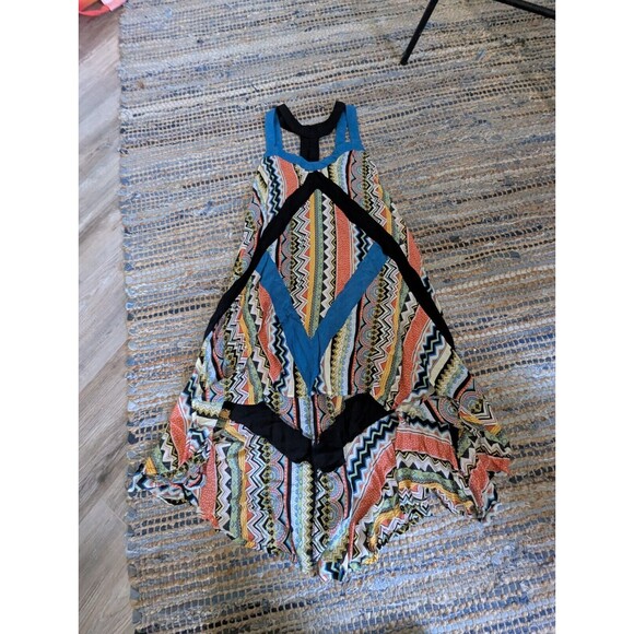 Addie Handkerchief Dress High Low Criss Cross Harness Neck Med Blue Black Multic - Picture 2 of 5